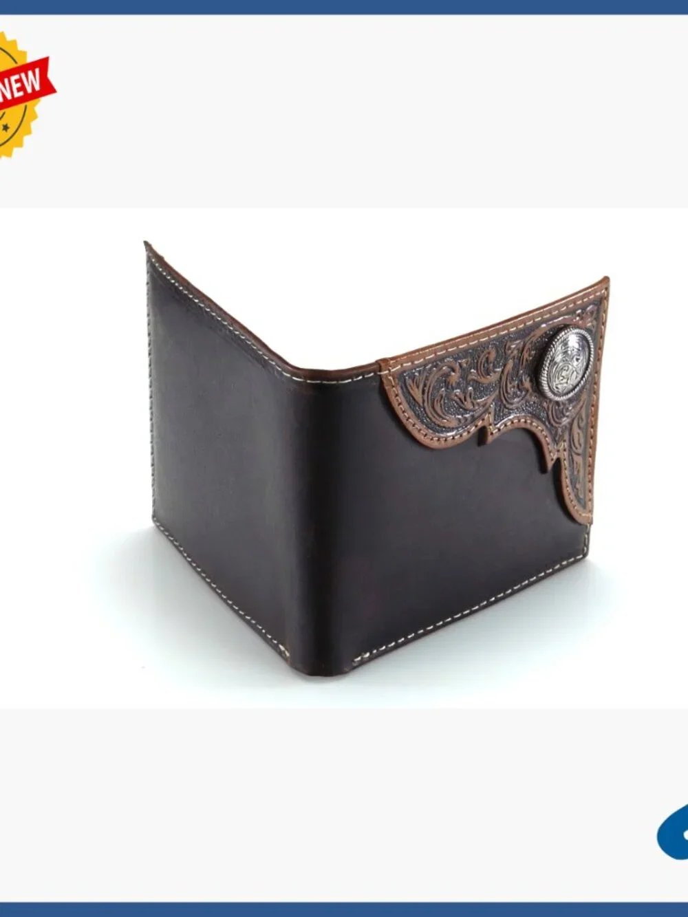Distressed Leather Trifold Wallet with Tooled Corner and ID Window